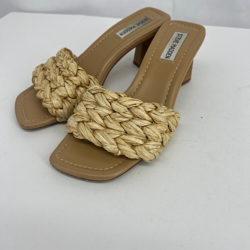 Steve Madden Saged Neutral Raffia Square Toe Heel Size 7 - Picture 6 of 14